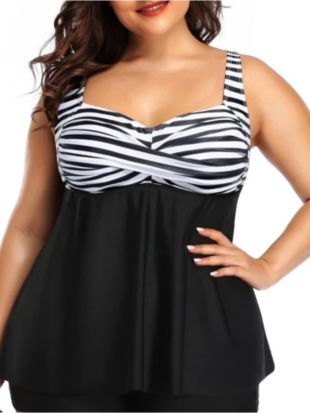 TOP ONLY Plus Size Black Tankini Swim Top with Black & White Twist Stripe Bust
